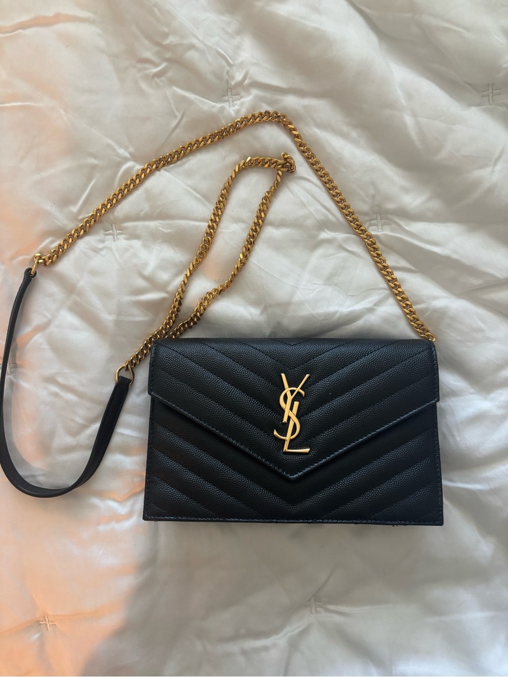 Saint Laurent Black Quilted Leather Crossbody with Gold Chain